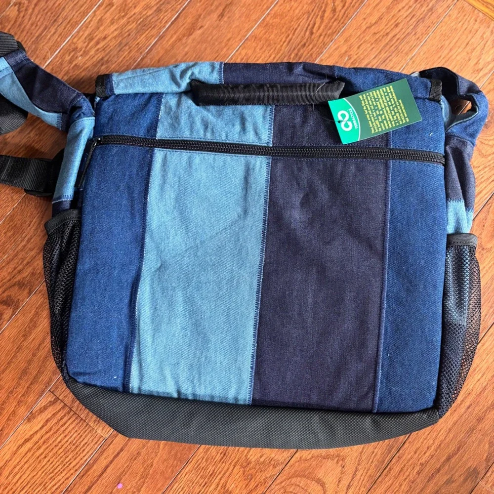 TerraCycle Denim Laptop Messenger Bag Upcycled Patchwork Blue Eco Friendly NWT